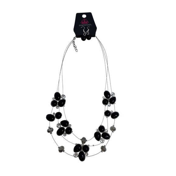 paparazzi Jewelry - Paparazzi Multi Strand Black Beaded Statement‎ Necklace Earrings Set Boho Retro